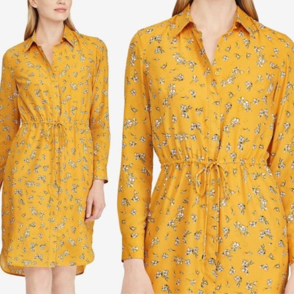 Lauren Ralph Lauren Shirt Dress Gold Floral Size 2